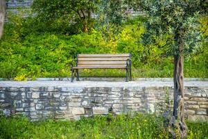 une banc sur une pierre chemin sur une été et ensoleillé journée. photo