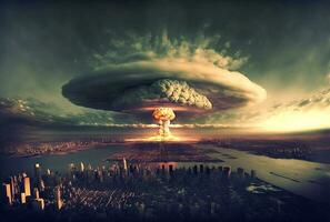 illustration de énorme nucléaire bombe explosion plus de ville. génératif une photo