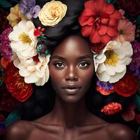 portrait de sensuel noir femme avec fleurs dans cheveux, ai généré photo