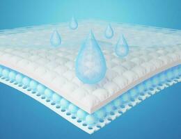 proche en haut de bleu l'eau laissez tomber tomber sur absorbant tampon. 3d humidité absorbant fibre feuilles avec 4 sections. odeur matériaux pour bébé, adulte couches, sanitaire tampon, absorbant tissu publicité. 3d rendre. photo