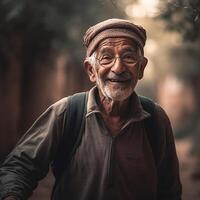 illustration de vieux homme avec sourire dans le sien visage fabriqué avec génératif ai photo