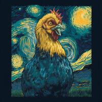 une La peinture de une poulet avec le étoilé nuit ciel derrière il. une pictural génératif ai illustration parodier van gogh style. photo