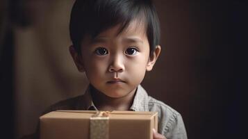 magnifique peu garçon en portant une cadeau boîte génératif ai photo