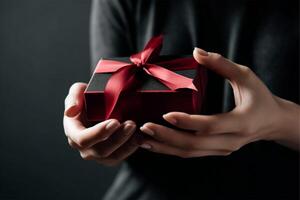 mains ouverture cadeau boîte sur blanc arrière-plan, de la mère journée ou du père journée ou houx journée génératif ai photo