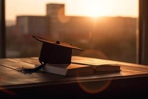 une l'obtention du diplôme casquette et une faire défiler sur une pièce de papier génératif ai photo