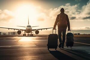 une la personne en marchant vers un avion avec une sac à dos. en voyageant image, génératif ai photo