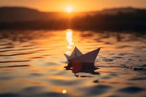 une papier bateau flottant dans le l'eau. génératif ai photo