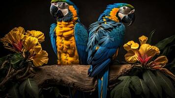 coloré paire de perroquets séance sur branche entre feuilles tropical forêt tropicale , fleurs dans le arrière-plan, 3d le rendu incroyablement détaillé. photo