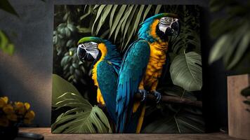 coloré paire de perroquets séance sur branche entre feuilles tropical forêt tropicale , fleurs dans le arrière-plan, 3d le rendu incroyablement détaillé. photo