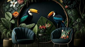 coloré paire de toucan toco des oiseaux séance sur branche entre feuilles tropical forêt tropicale , fleurs dans le arrière-plan, 3d le rendu incroyablement détaillé. photo
