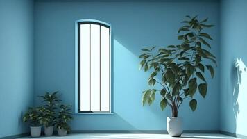 3d réaliste vecteur pièce intérieur avec mis en pot les plantes sur le sol. pastel bleu et blanc des murs. ai génératif. photo