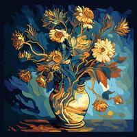 van gogh style floral arrangement dans argile pot - génératif ai illustration photo