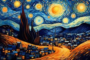 une La peinture de une étoilé nuit avec le ciel et plein lune plus de le ville. parodie sur Vincent van gogh génératif ai illustration pour mur art et café décor. photo
