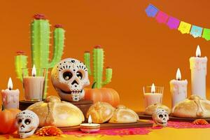 3d le rendu pour journée de le mort, dia de muertos autel concept. composition de mignonne sucre crânes, blanc bougies, souci fleurs, la poêle de mort, cactus, guitare de le mort. 3d illustration photo