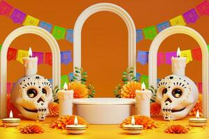 3d le rendu pour journée de le mort, dia de muertos autel concept. composition de mignonne sucre crânes, blanc bougies, souci fleurs, la poêle de mort, cactus, guitare de le mort. 3d illustration photo