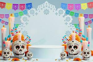 3d le rendu pour journée de le mort, dia de muertos autel concept. composition de mignonne sucre crânes, blanc bougies, souci fleurs, la poêle de mort, cactus, guitare de le mort. 3d illustration photo