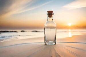 sélectif concentrer de un vide verre bouteille sur le blanc le sable plage. ai généré photo