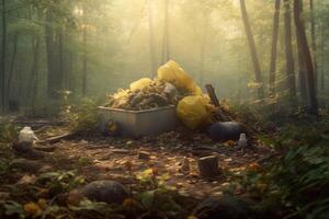 ai généré biologique poubelle dans le forêt Contexte photo