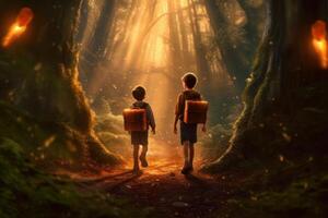 ai généré deux des gamins sentiment le magique atmosphère comme elles ou ils entrer forêt Contexte photo