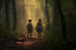 ai généré deux des gamins sentiment le magique atmosphère comme elles ou ils entrer forêt Contexte photo