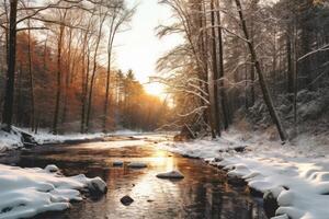 ai généré Lac vue avec forêt et rivière dans hiver Contexte photo