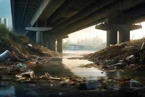 ai généré biologique poubelle dans le rivière en dessous de pont Contexte photo