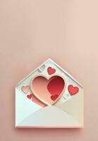 3d rendre de en volant papier cœurs de enveloppe dans pastel couleur. photo