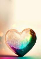 brillant coloré pailleté cœur forme sur arc en ciel bokeh Contexte. photo