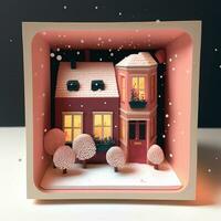 3d rendre de décoratif hiver diorama carré Cadre avec Résidentiel structure, des arbres, neige chute. photo