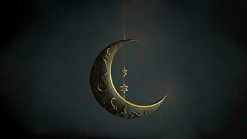 3d rendre de pendaison exquis brillant sculpté lune avec étoile sur foncé Contexte. islamique religieux concept. photo