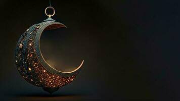 3d rendre de pendaison exquis croissant lune avec étoiles sur noir Contexte. islamique religieux concept. photo