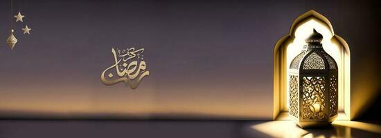 arabe calligraphie de Ramadan kareem et 3d rendre, illuminé arabe lanterne sur islamique la fenêtre. photo