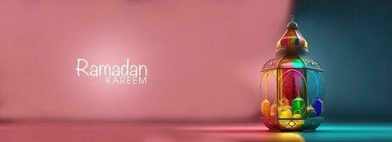 Ramadan kareem bannière conception avec 3d rendre de coloré arabe lampe sur rose et bleu Contexte. photo