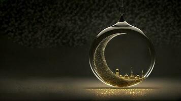 pailleté croissant lune avec mosquée à l'intérieur verre rond forme accrocher. 3d rendre, islamique Festival concept. photo