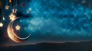 3d rendre de pendaison croissant lune avec brillant étoiles sur bleu grunge Contexte. photo