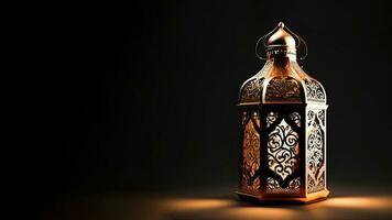 réaliste illuminé arabe lanterne sur foncé Contexte. islamique religieux concept. 3d rendre. photo