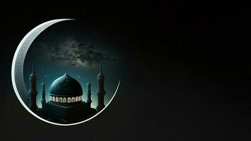 3d rendre de croissant lune avec magnifique mosquée sur nuit Contexte. islamique religieux concept. photo