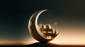 3d rendre de croissant lune avec magnifique mosquée sur soir Contexte. islamique religieux concept. photo