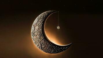 3d rendre de magnifique sculpté croissant lune avec pendaison étoile sur foncé Contexte. islamique religieux concept. photo