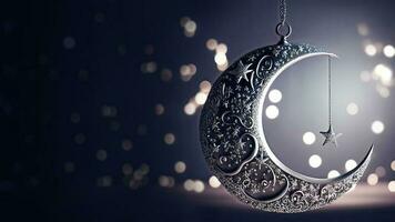 3d rendre de exquis croissant lune et pendaison étoile sur bokeh Contexte. islamique religieux concept. photo
