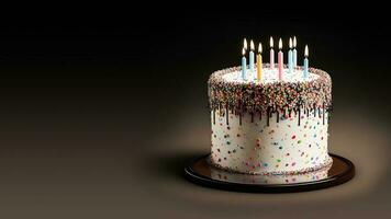 réaliste anniversaire gâteau décoré avec coloré arrose et beaucoup de allumé bougies. photo