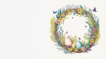 plat style coloré mignonne des oiseaux personnage avec des œufs sur floral circulaire Cadre et copie espace. photo