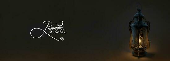 Ramadan mubarak verticale bannière conception avec réaliste illuminé arabe lanterne sur noir et marron Contexte. 3d rendre. photo