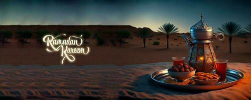 Ramadan kareem bannière conception avec 3d rendre, argent arabe cruche avec verre, sec des fruits sur assiette contre le sable dune. photo