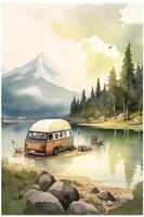 camping dans le montagnes. aquarelle une famille dans la nature paysage, montagne ,aventure, en voyageant caravane camping génératif ai. photo