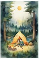 camping dans le montagnes. aquarelle une famille dans la nature paysage, montagne ,aventure, en voyageant caravane camping génératif ai. photo