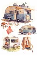 camping dans le montagnes. aquarelle une famille dans la nature paysage, montagne ,aventure, en voyageant caravane camping génératif ai. photo