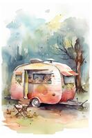 camping dans le montagnes. aquarelle une famille dans la nature paysage, montagne ,aventure, en voyageant caravane camping génératif ai. photo