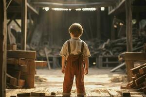 Charpentier enfant garçon scierie. produire ai photo