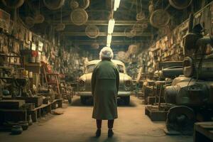 ingénieur vieux femme voiture Assemblée magasin. produire ai photo